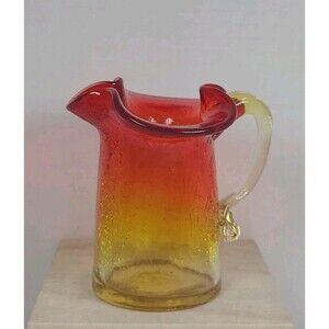 Vintage  miniature crackle glass Amberina Pitcher Vase circa 1940s to 1970
